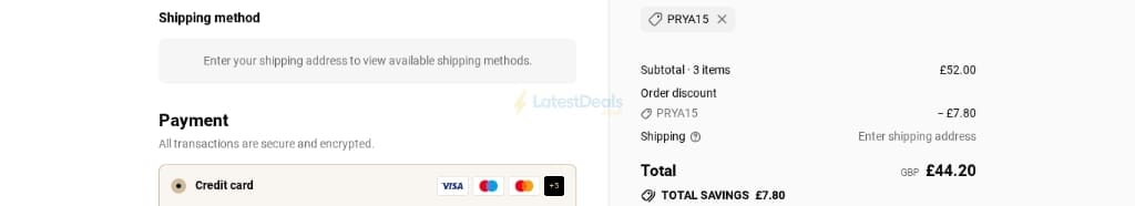 Screenshot of the Prya discount code working