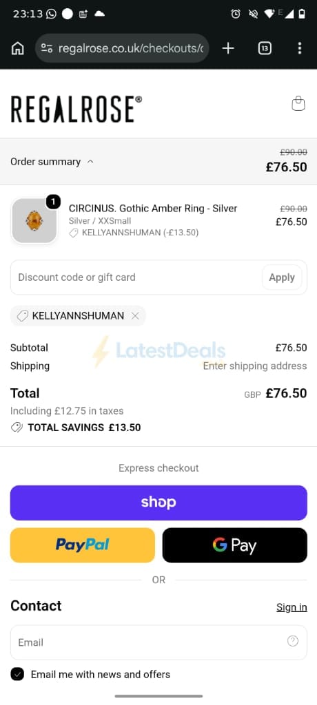 Screenshot of the REGALROSE discount code working