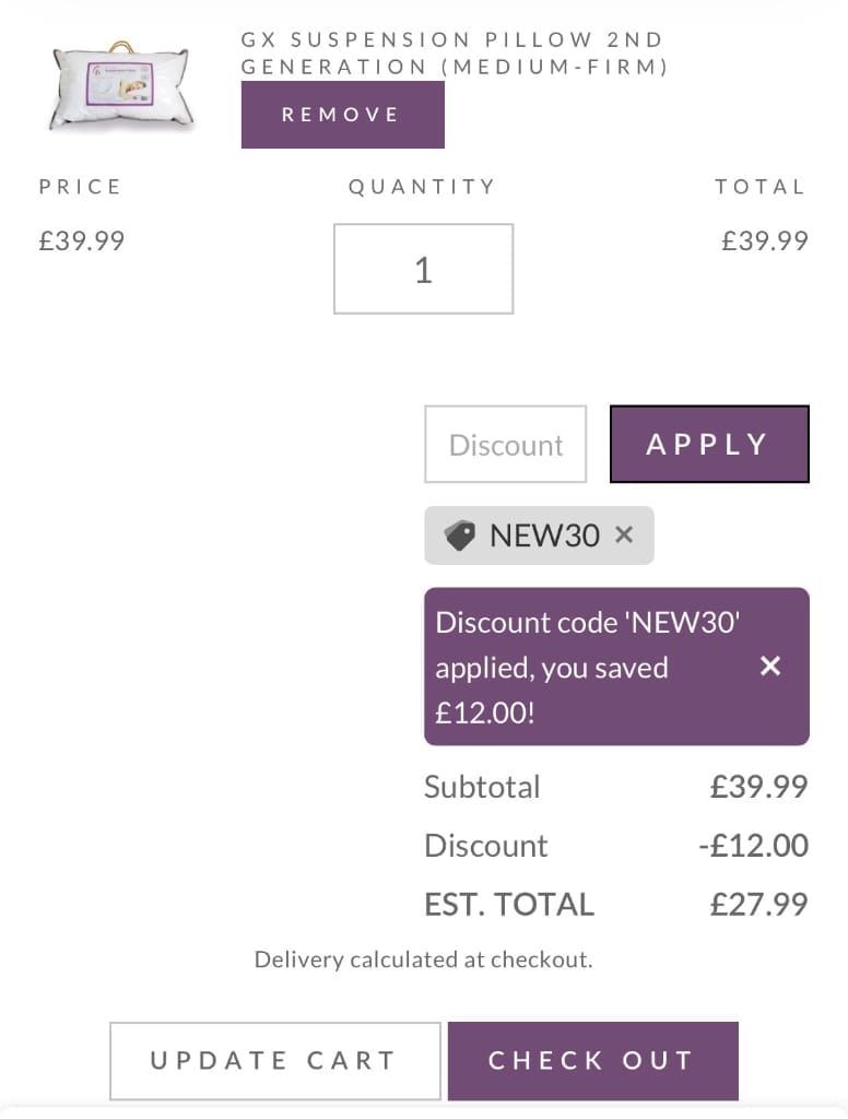 Screenshot of the Gx Pillows discount code working