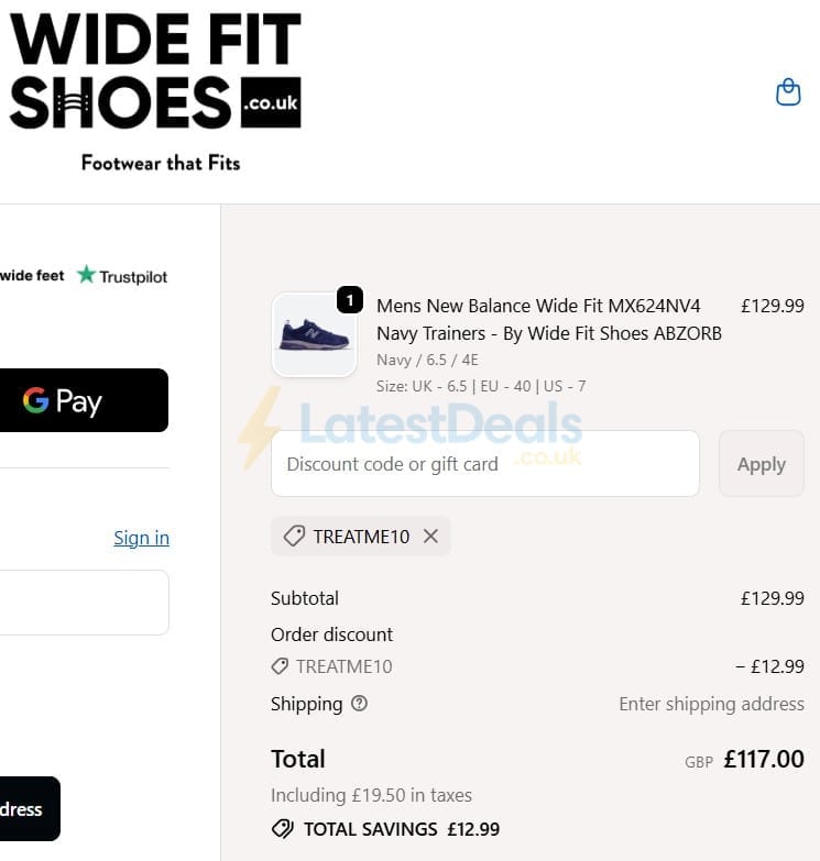 Screenshot of the Wide Fit Shoes discount code working