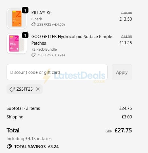 Screenshot of the Zitsticka discount code working