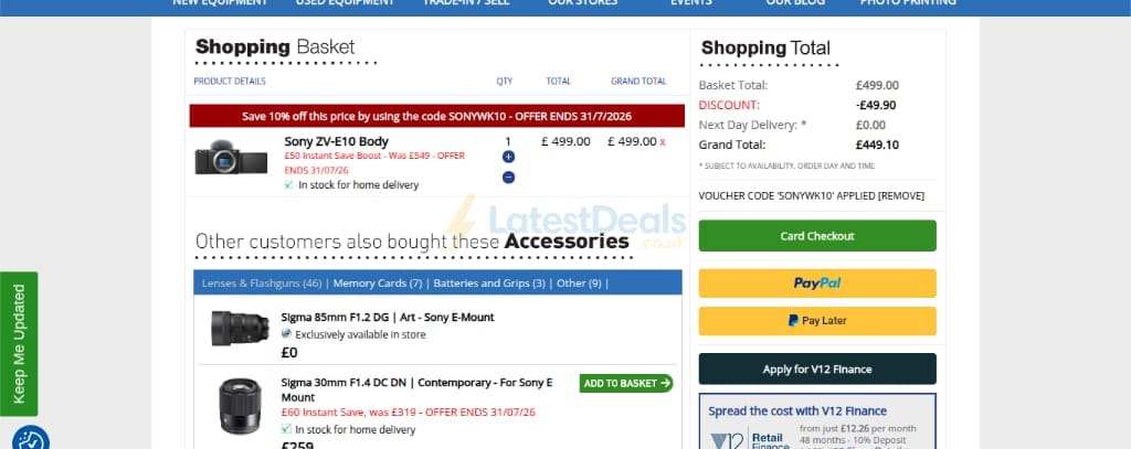 Screenshot of the London Camera Exchange discount code working