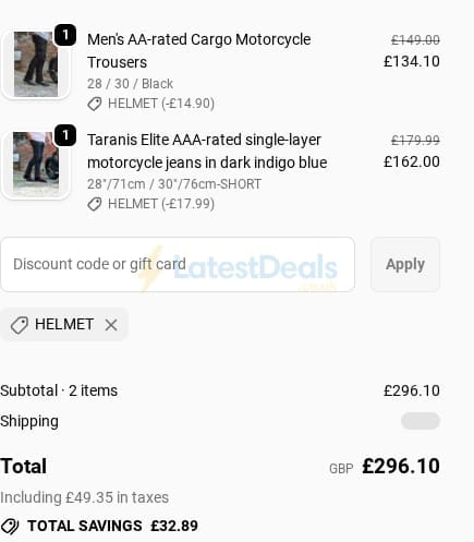 Screenshot of the Roadskin discount code working