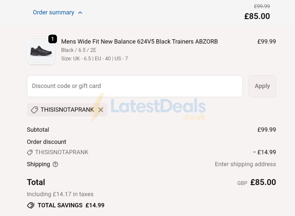 Screenshot of the Wide Fit Shoes discount code working