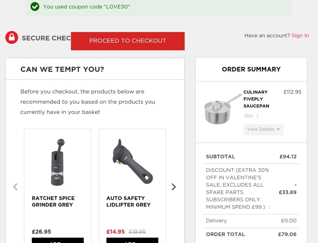 Screenshot of the Kuhn Rikon discount code working