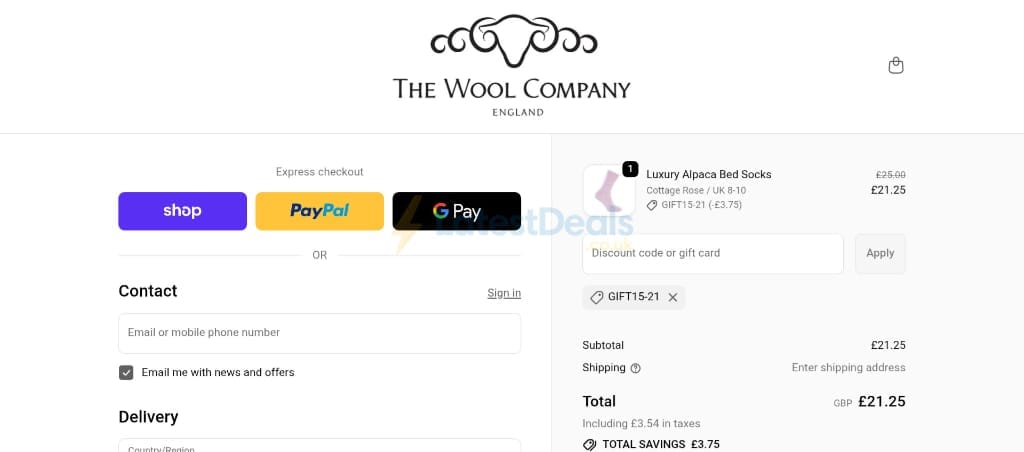 Screenshot of the The Wool Company discount code working