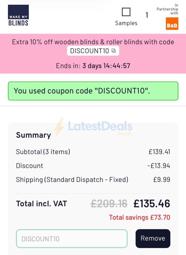 Screenshot of the Make My Blinds discount code working