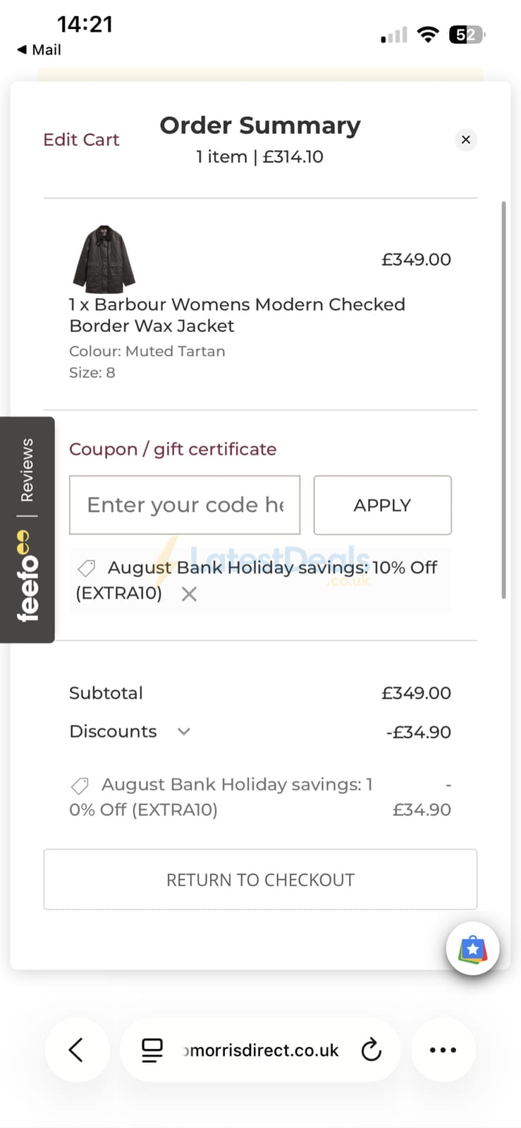 Screenshot of the Philip Morris & Son discount code working