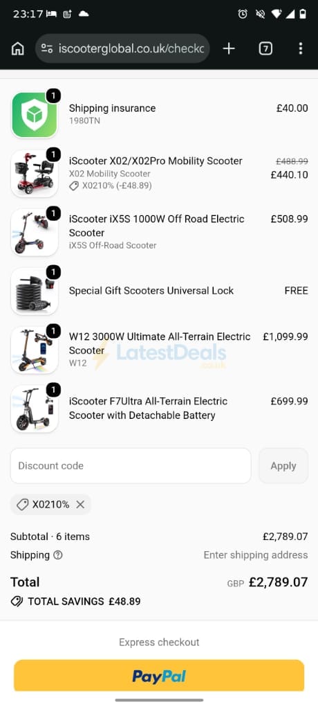 Screenshot of the iScooter discount code working