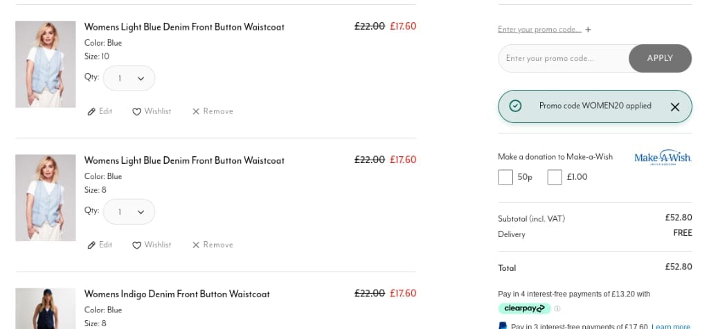 Screenshot of the Peacocks discount code working