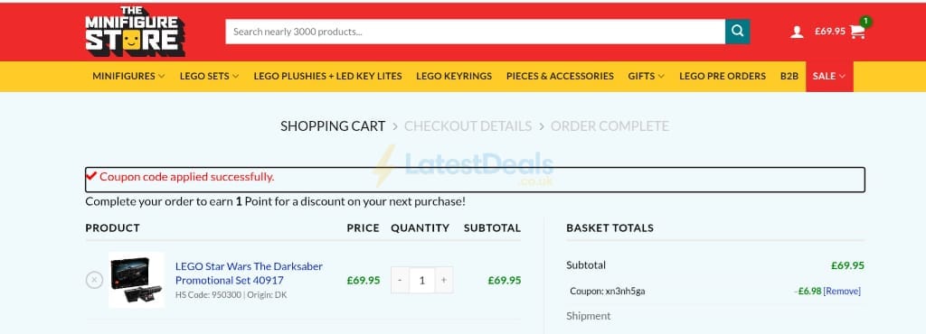 Screenshot of the The Minifigure Store discount code working