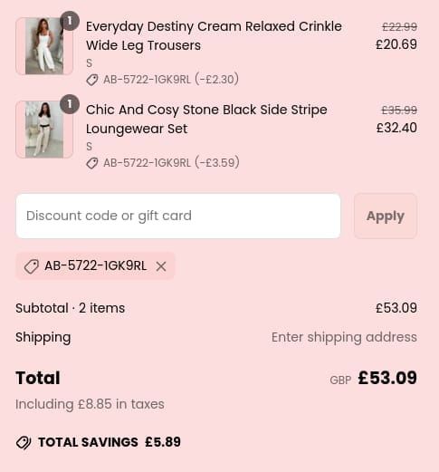 Screenshot of the Pink Boutique discount code working