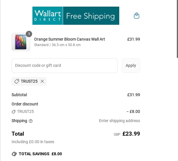 Screenshot of the Wall Art Direct discount code working