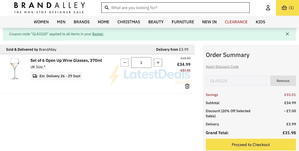 Screenshot of the BrandAlley discount code working
