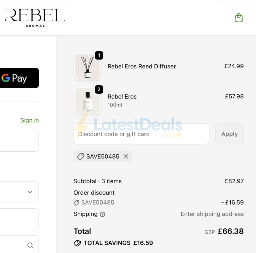 Screenshot of the Rebel Aromas discount code working