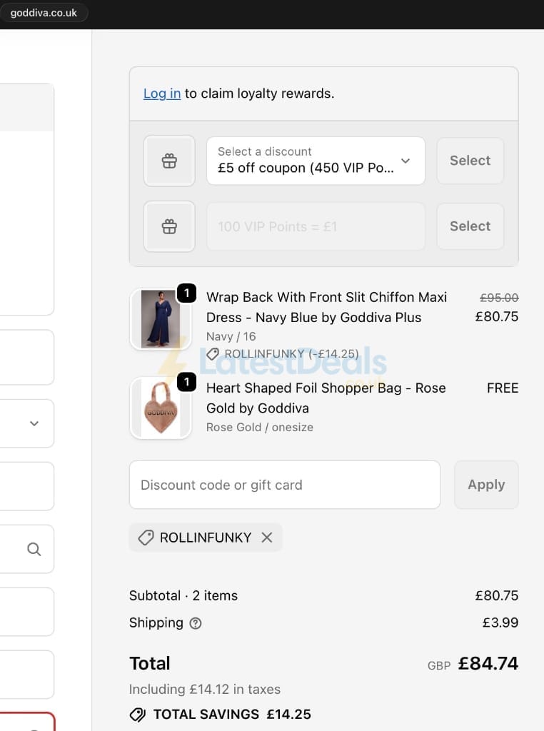 Screenshot of the Goddiva discount code working