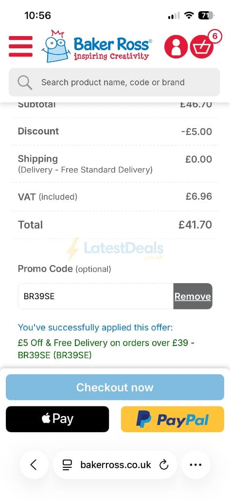 Screenshot of the Baker Ross discount code working