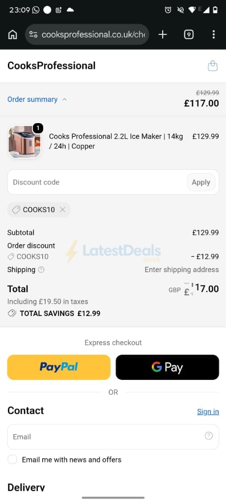 Screenshot of the Cooks Professional discount code working
