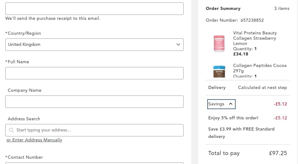 Screenshot of the Vital Proteins discount code working