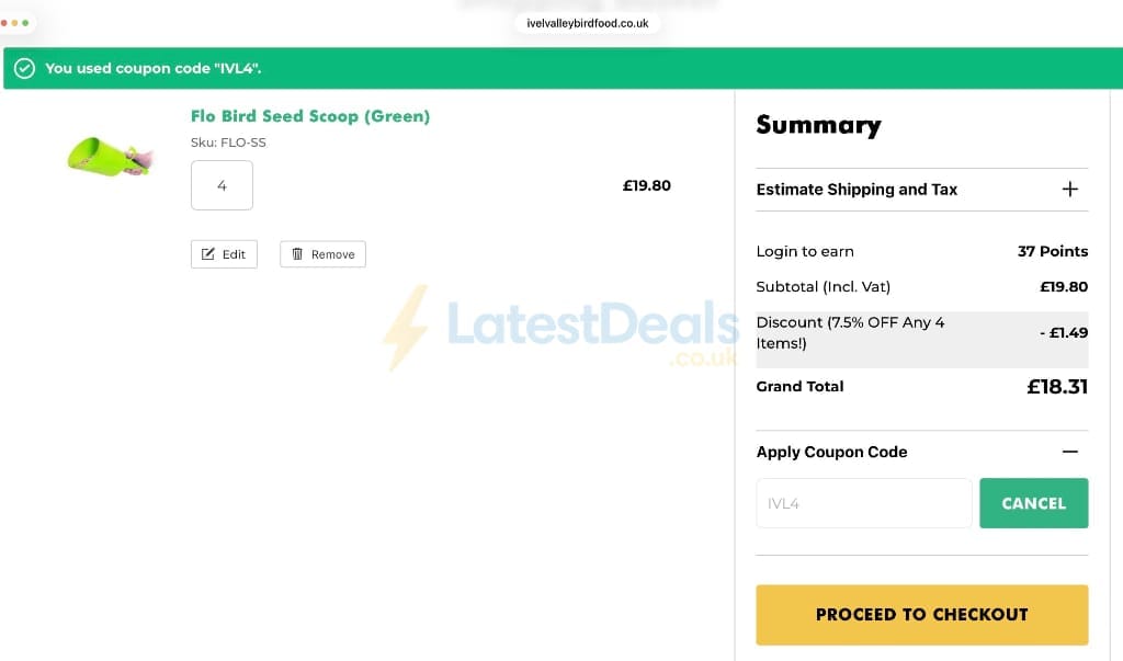 Screenshot of the Ivel Valley Bird Food discount code working