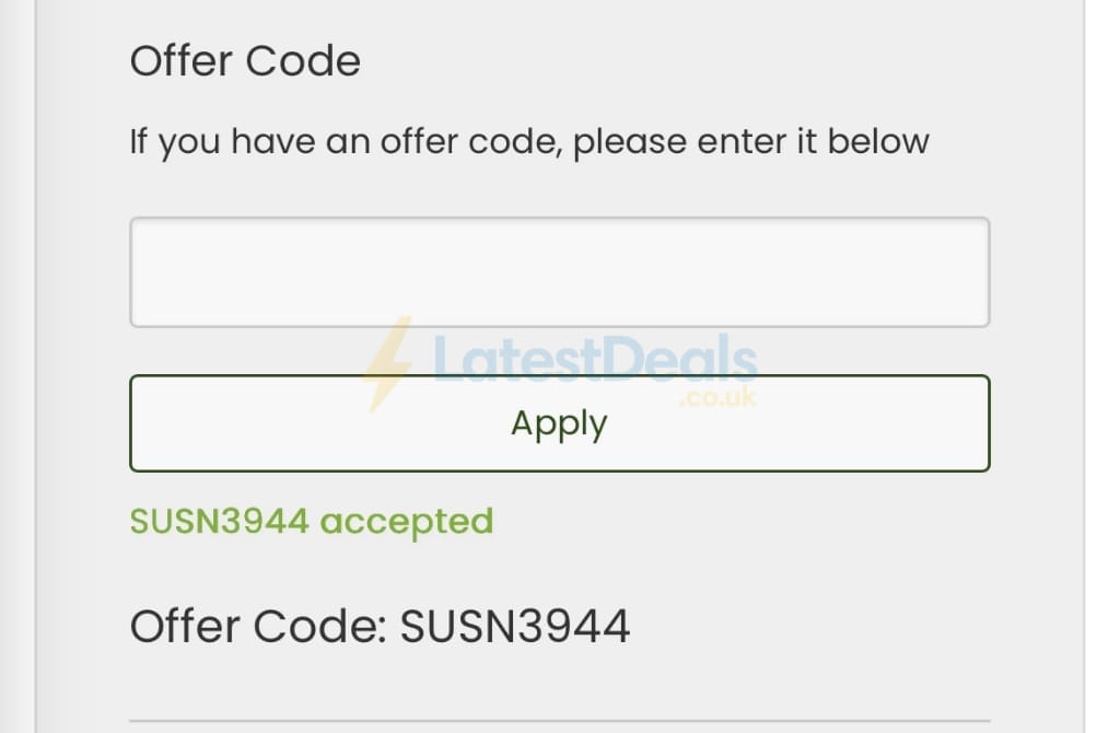 Screenshot of the Suttons discount code working