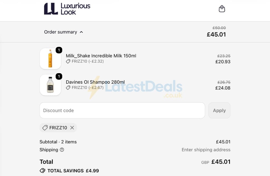 Screenshot of the LuxuriousLook discount code working