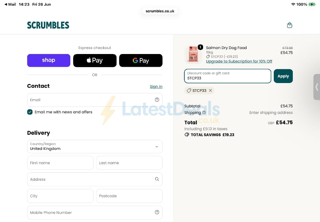 Screenshot of the Scrumbles discount code working