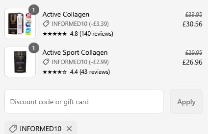 Screenshot of the U Perform discount code working