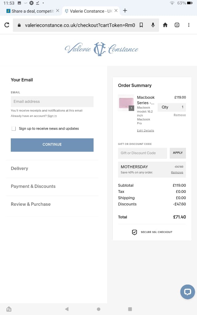 Screenshot of the Valerie Constance discount code working