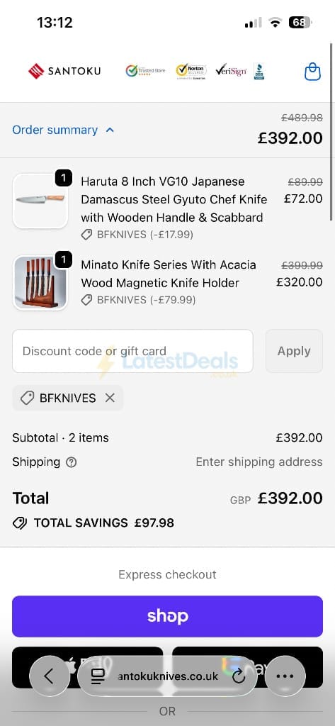 Screenshot of the Santoku Knives discount code working