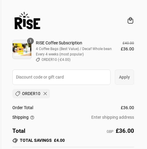 Screenshot of the RISE discount code working