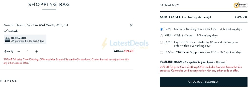 Screenshot of the Crew Clothing discount code working