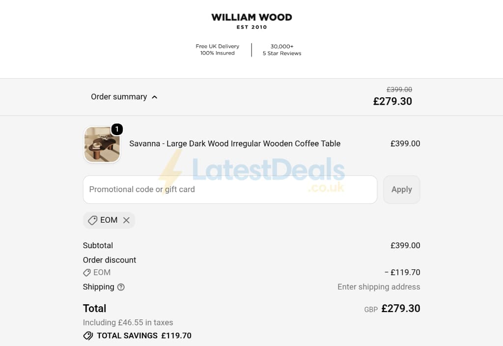 Screenshot of the William Wood Mirrors discount code working