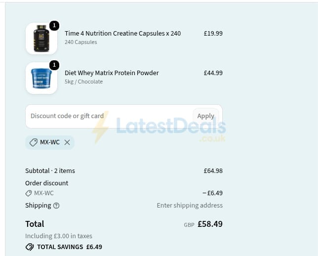 Screenshot of the Matrix Nutrition discount code working