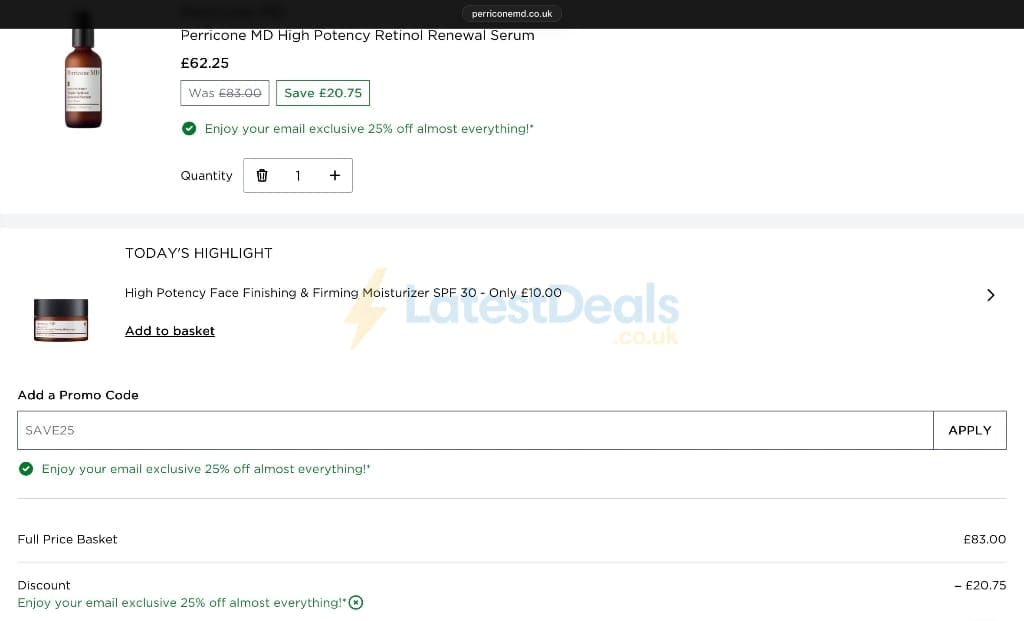 Screenshot of the Perricone MD discount code working