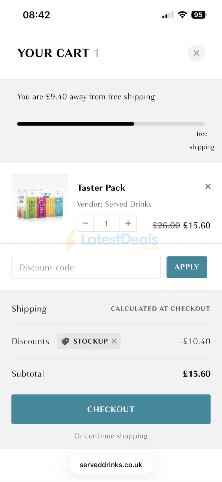 Screenshot of the Served Drinks discount code working