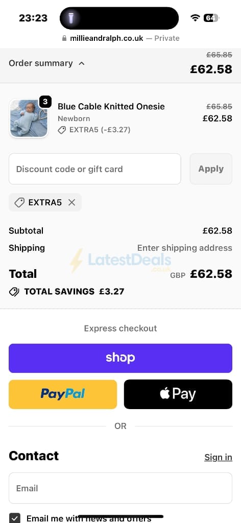 Screenshot of the Millie & Ralph discount code working