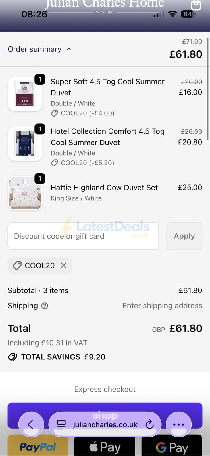 Screenshot of the Julian Charles discount code working