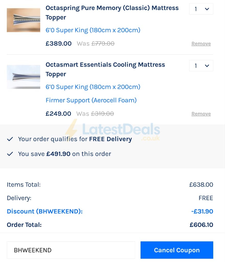 Screenshot of the Dormeo discount code working