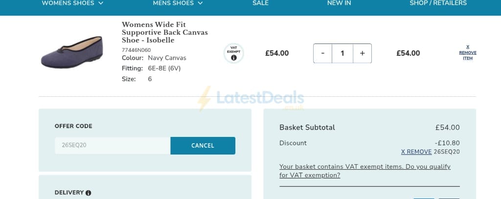 Screenshot of the Wider Fit Shoes discount code working