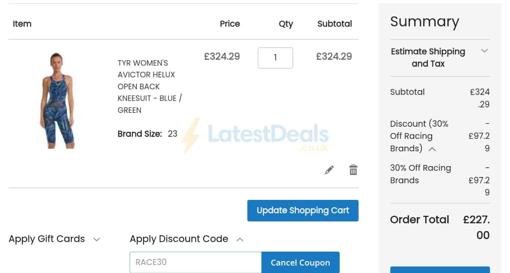 Screenshot of the ProSwimwear discount code working