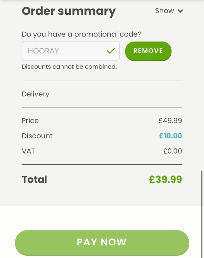 Screenshot of the Hooray Heroes discount code working