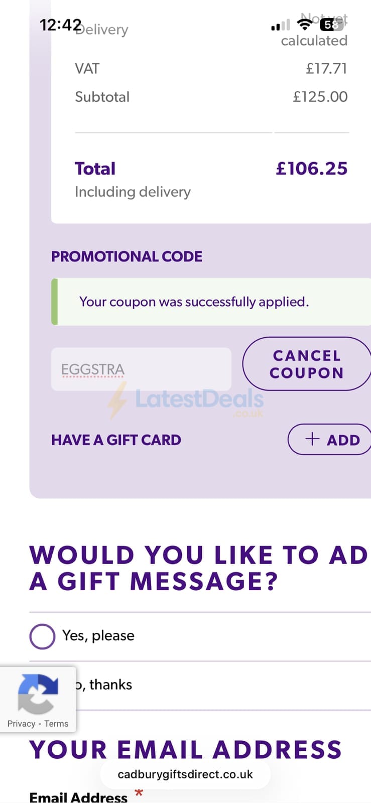 Screenshot of the Cadbury Gifts Direct discount code working