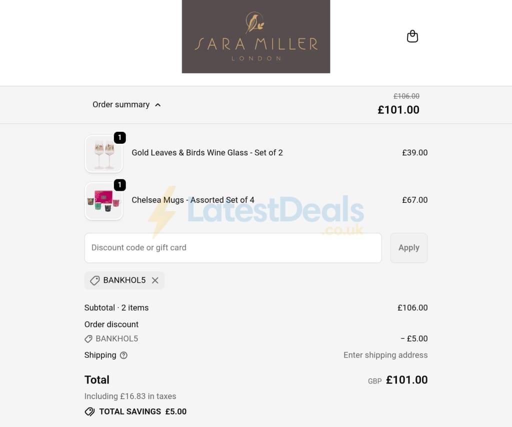 Screenshot of the Sara Miller discount code working