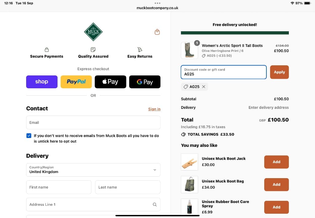 Screenshot of the Muck Boot discount code working