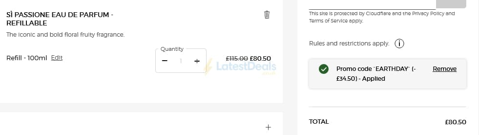Screenshot of the Armani Beauty discount code working