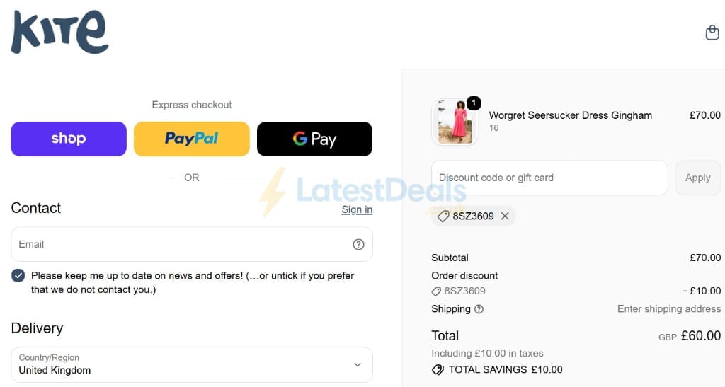 Screenshot of the Kite Clothing discount code working