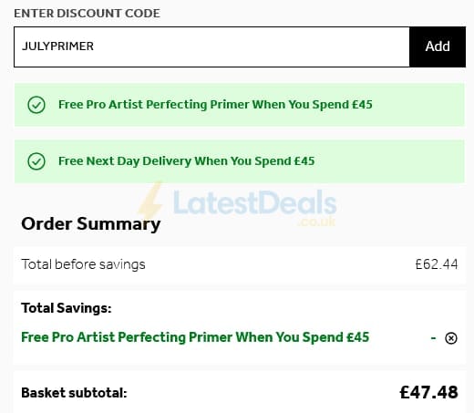 Screenshot of the No7 Beauty discount code working
