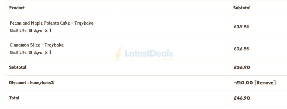 Screenshot of the Honeybuns discount code working