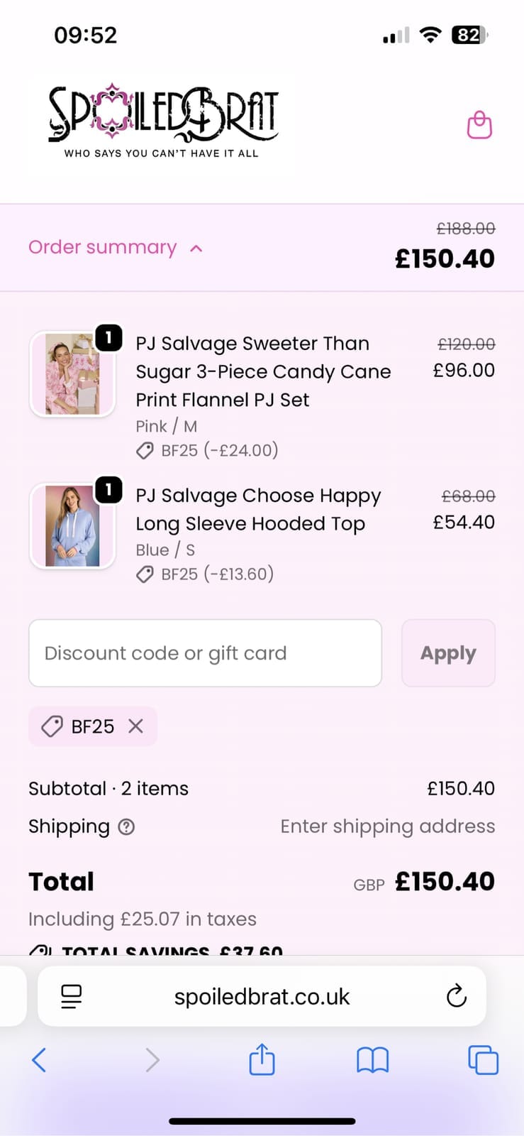 Screenshot of the Spoiled Brat discount code working